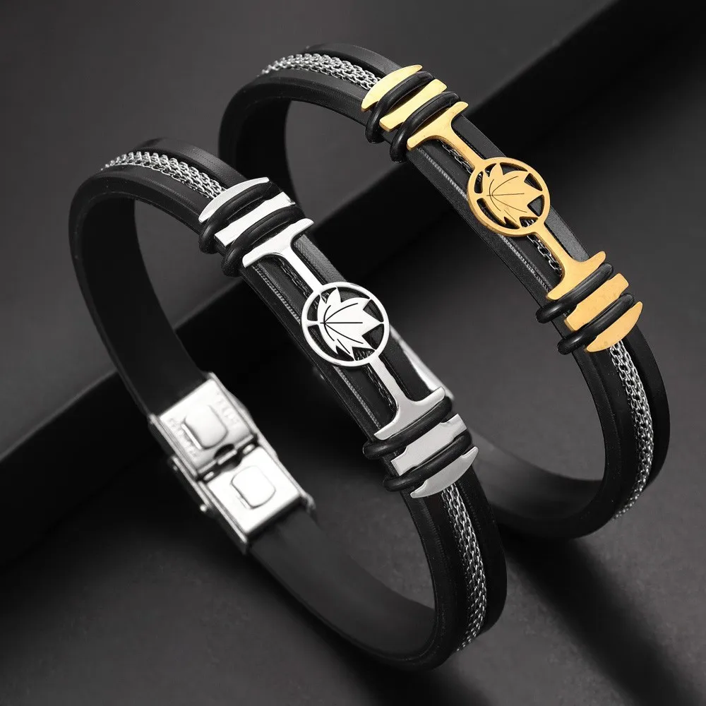 Fashion Maple Bracelet Charm Men's Wristband Black Grooved Silicone Braided Chain Punk Men's Popular Wristband Wholesale