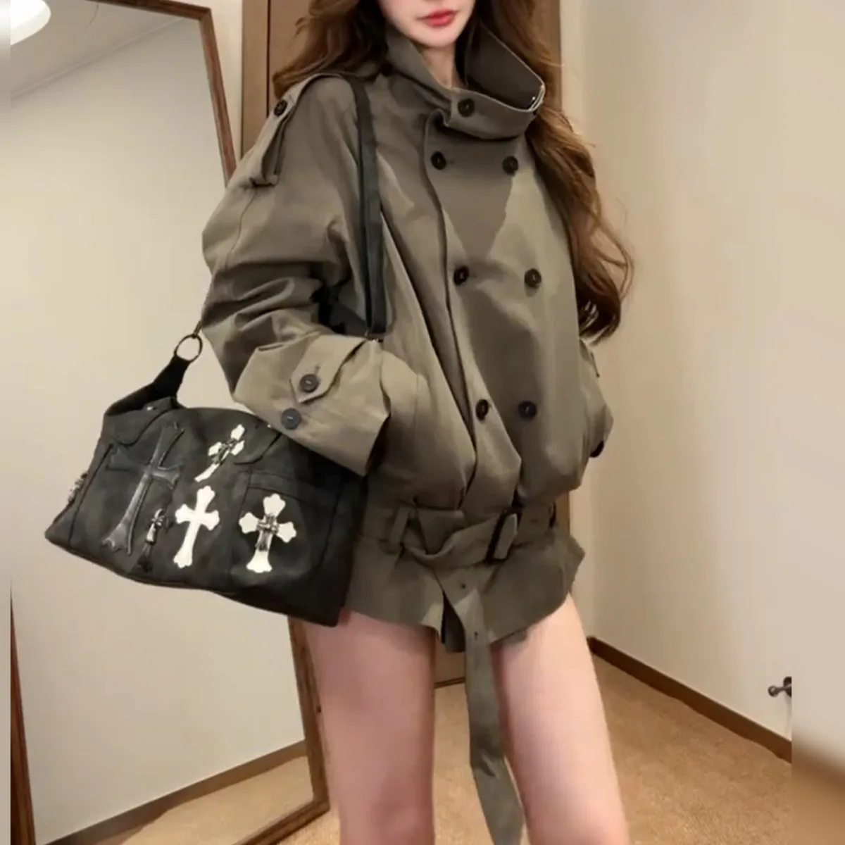 

KWTX женский плащ, короткий двубортный, с поясом, воротником-стойкой, винтажный, элегантный, комфортный, осень-зима, новинка 2023 года