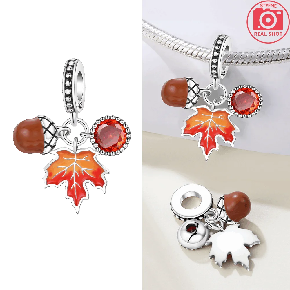 Original 925 Silver Brown Maple Leaf Dutch Windmill Beaded Pinecone Pendant Bead Fit Bracelet Women Jewelry Gift Making Diy