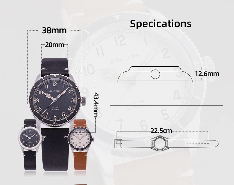 Baltany Men Pilot Watch 38mm Automatic Wristwatch Bubble Sapphire Mirror 100M Waterproof Sport C3 Luminous Military NH38