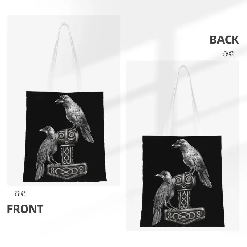 Fashion Hammer Mjolnir With Ravens Shopping Tote Bag Recycling Norse God Canvas Groceries Shoulder Shopper Bag