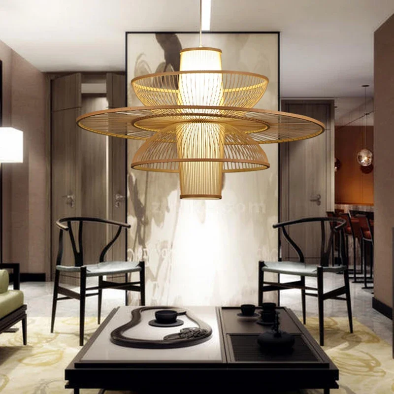 

E27 Japanese Bamboo Pastoral Rattan Pendant Lamp Wooden Restaurant Kitchen Living Room Lighting Decorative Lights D50/60