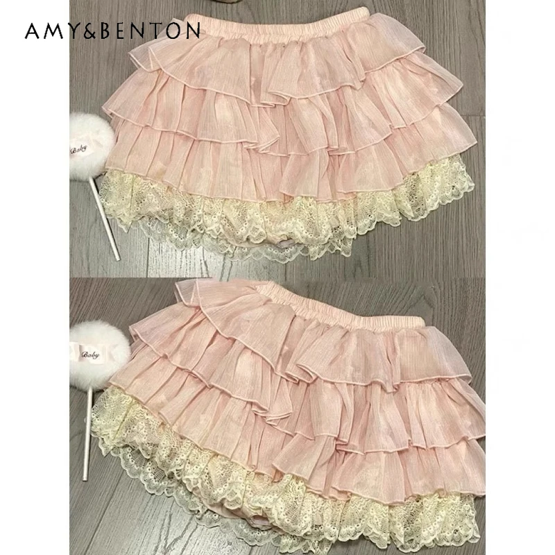 

Japanese Apricot Velvet Women's Skirt Spring Autumn Lace Splicing Sweet Cute Age-reducing Puffy Cake A-line Short Skirts Ladies