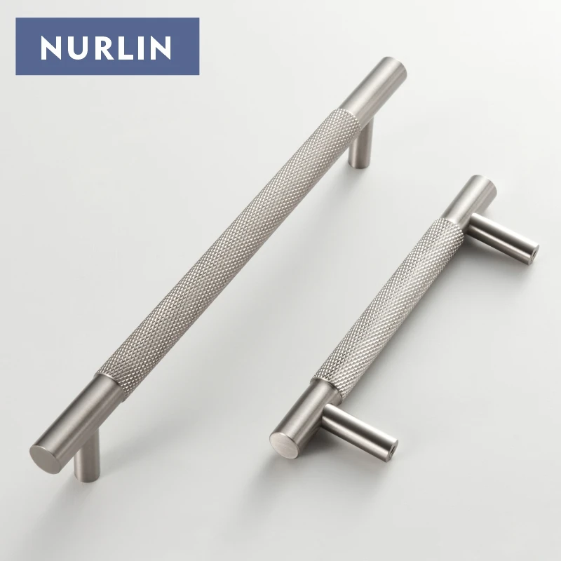Nurlin Solid Brass Diamond-cut Cross Knurl Pattern Silver Brushed Nickel Cabinet Handles Wardrobe Pull T-bar Knobs Knurled