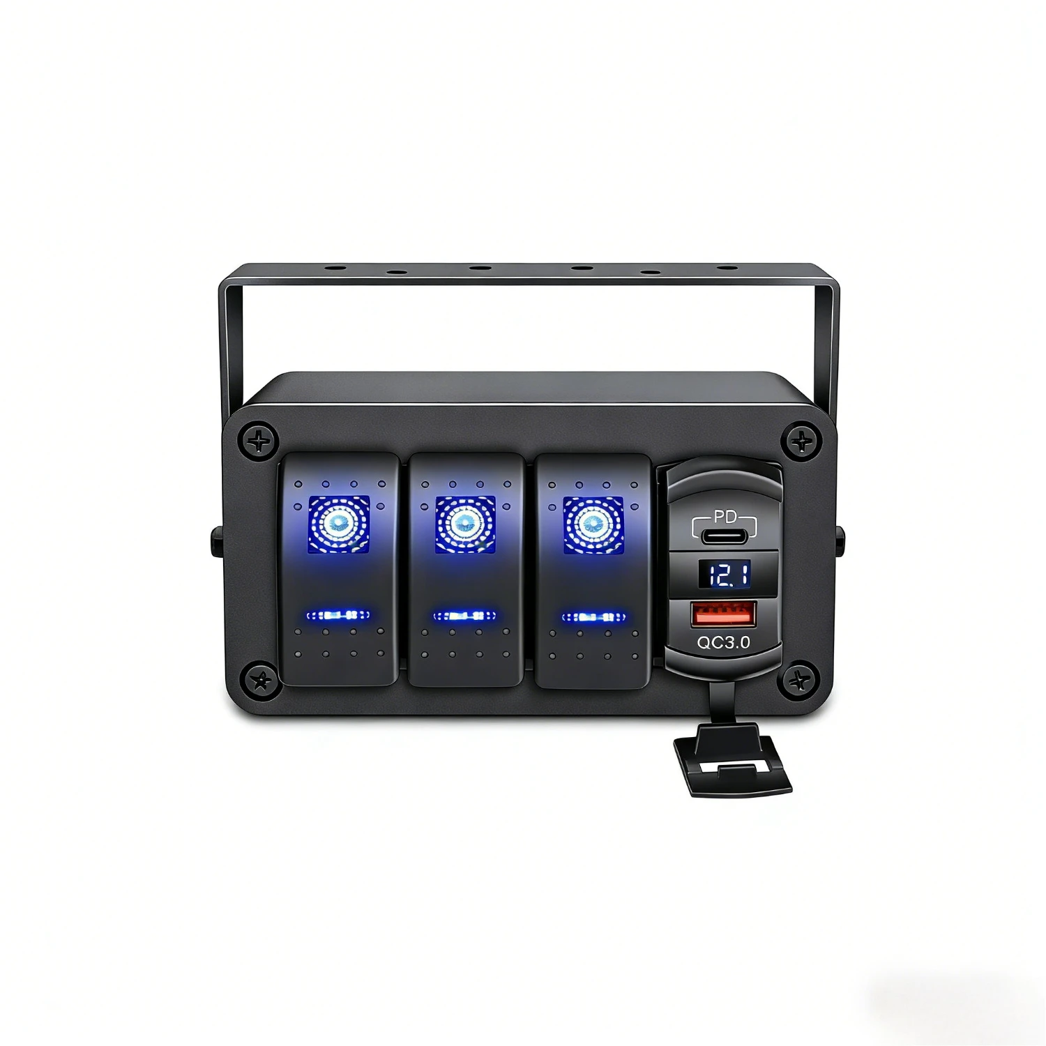 

Waywe 3-бандовая панель кулисного переключателя с синей подсветкой PD Type C USB Вольтметр 12 В 24 В постоянного тока Светящиеся наклейки для автомобилей Грузовики Лодки RVs, синий