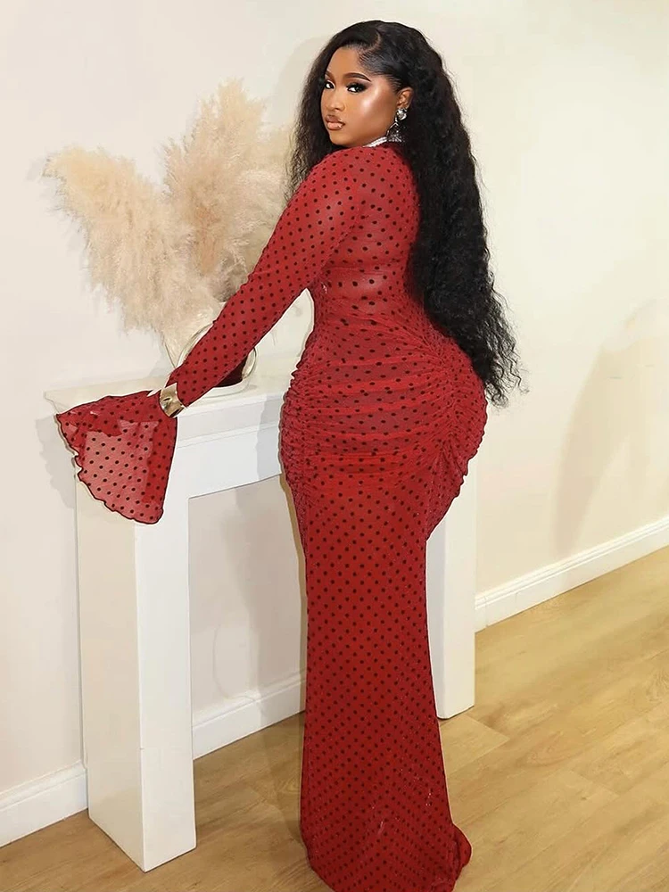 Cutenw Trend Sexy Dünnes Polka Dot Kleid Frauen Schmetterling Ärmel Welle Rand Geraffte Pfirsich Hüfte Klassische Elegante Stretch Dünne Bodycon