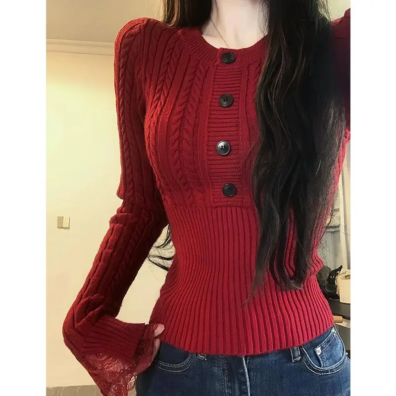 

Korean Sexy Slim Knitting Bottoming Shirt Women Autumn Winter Fashion Office Lady Solid Color Sweater All-match Knitwear Tops
