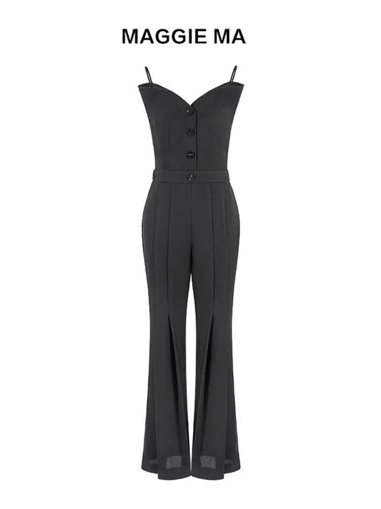 

MAGGIE MA High Waist Classic Pleated Slimming Faion Single Button Overalls Women's 408P Long Pants Vinegar Fiber