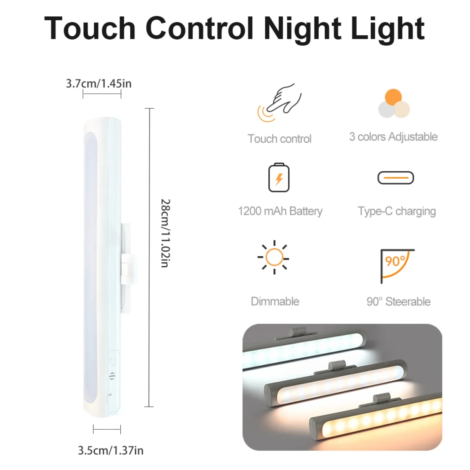 USB ชาร์จกระจกไม้ด้านหน้าเติมแสง LED Night Light ° โคมไฟติดผนังแบบสัมผัสหมุนได้โคมไฟข้างเตียงในห้องนอน