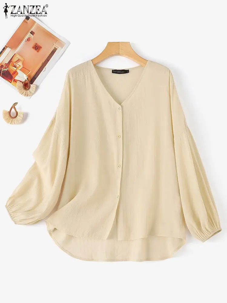 ZANZEA 2024 Summer Lantern Long Sleeve Shirt Women Solid Blouse Fashion V Neck See Through Tunic Casual Loose Chiffon Female Top