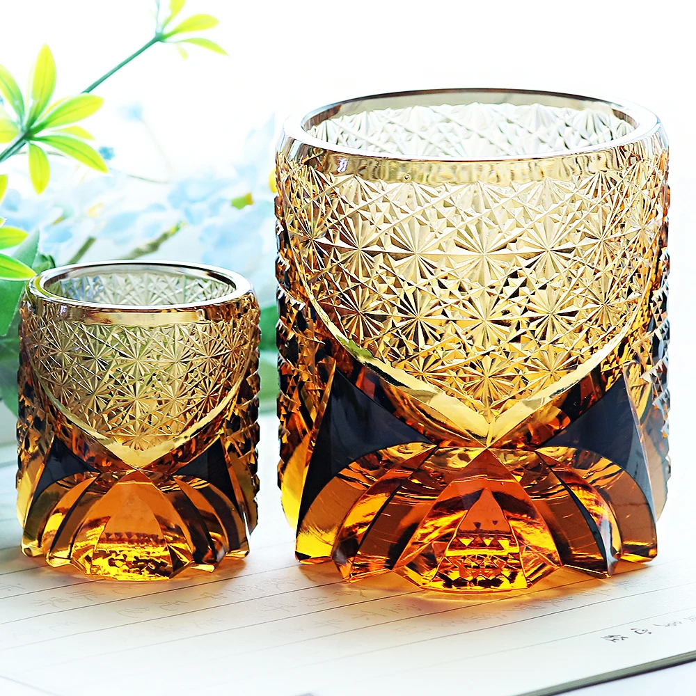 30 ml Japanese Style Edo Kiriko Sake Glass Cup Shot Glasses 220 ml Hand Cut Colored Amber Black Whiskey Glass Tumbler