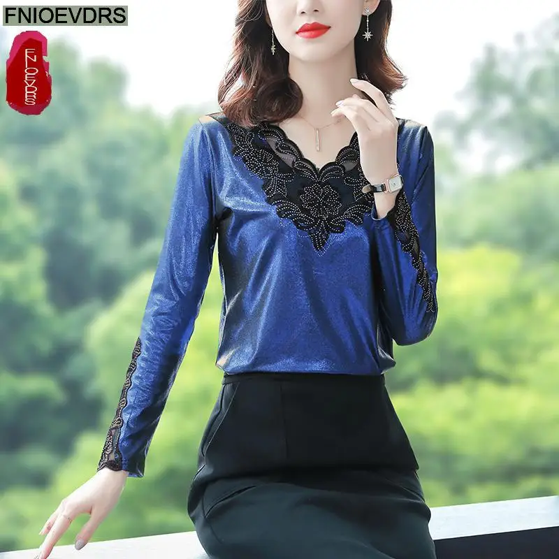 S-3XL Women 2023 Winter Basic Shirts Slim Elegant Office Lady Black Lace Bling Retro Vintage Warm Velour Red Velvet Tops Blouse