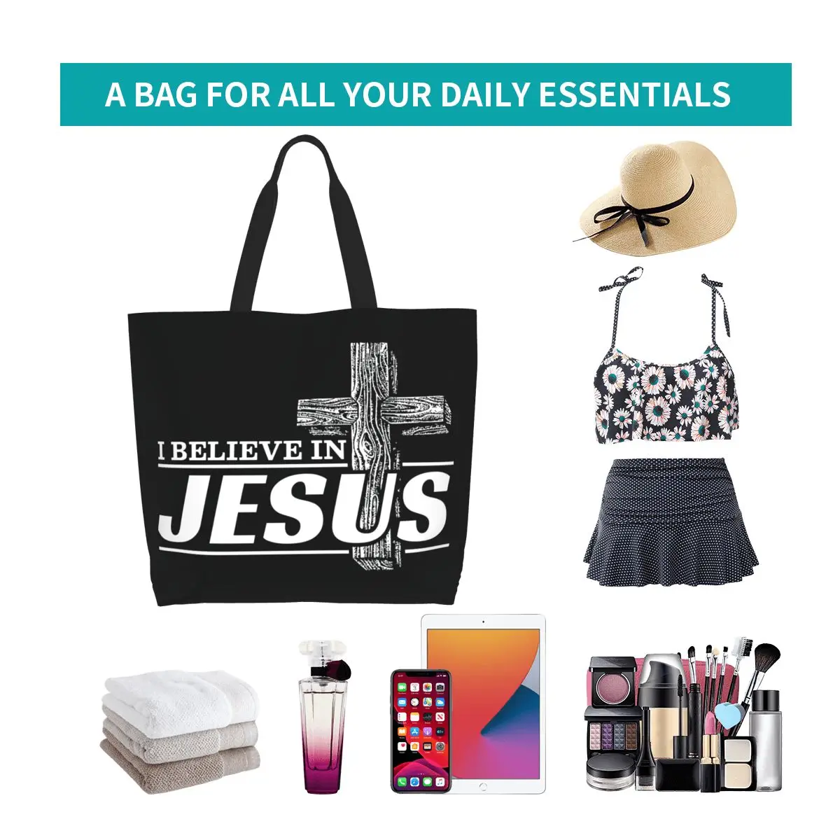 أنا أؤمن على يسوع المسيح البقالة حمل أكياس التسوق المسيحية الإيمان قماش المتسوق حقائب الكتف حقائب اليد ذات سعة كبيرة