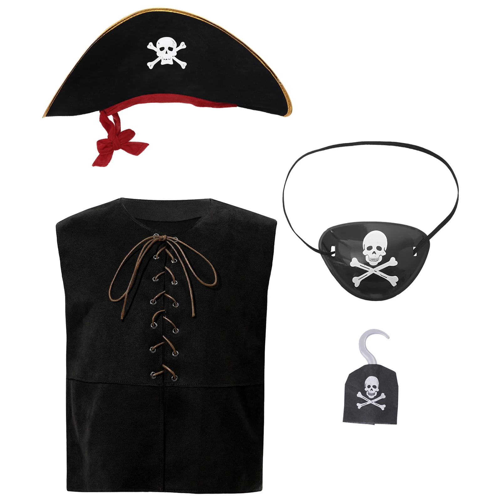 Roupa de fantasia pirata para crianças, Cosplay de Halloween, vestir, colete gótico, colete sem mangas com renda com chapéu, venda, gancho de telescópio