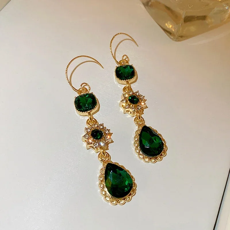 New Fashion Fine 14K Real Gold Plated Emerald Crystal Flowers Drop Earrings for Women Girl Hook Type Jewelry AAA Zirconia