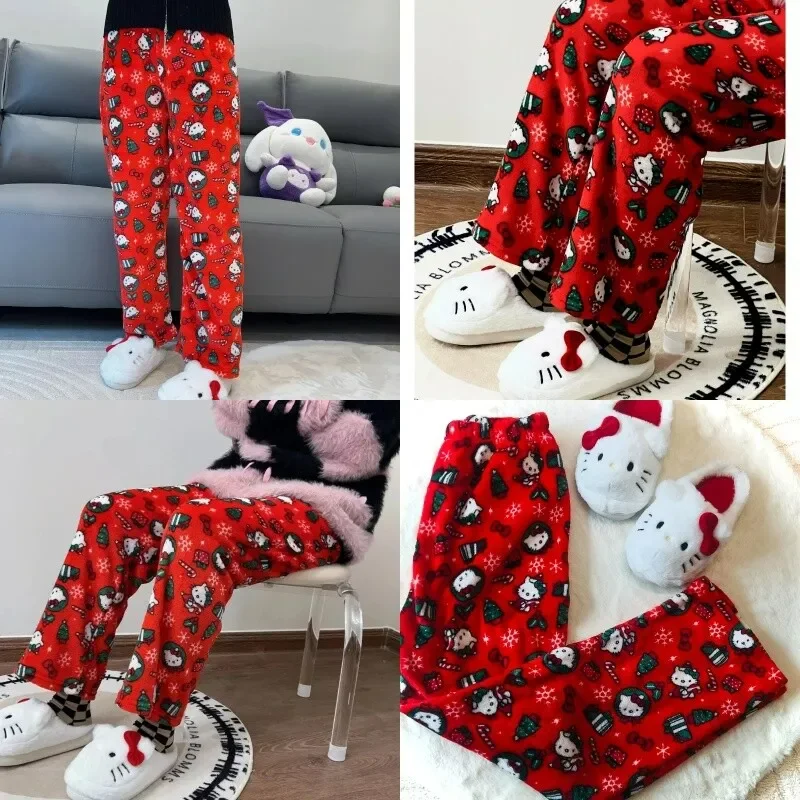 2024 Sanrio Hello Kitty Pajamas Halloween Flannel Fashion Trouserswomen Kawaii Woolen Anime Cartoon Casual Home Pants Autumn