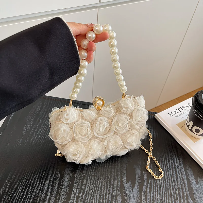 

Elegant Evening Clutch Bag Women's New 2025 Satin Flower Handbag Shoulder Crossbody Bag Pearl Chain Lock Soft Polyester Lining