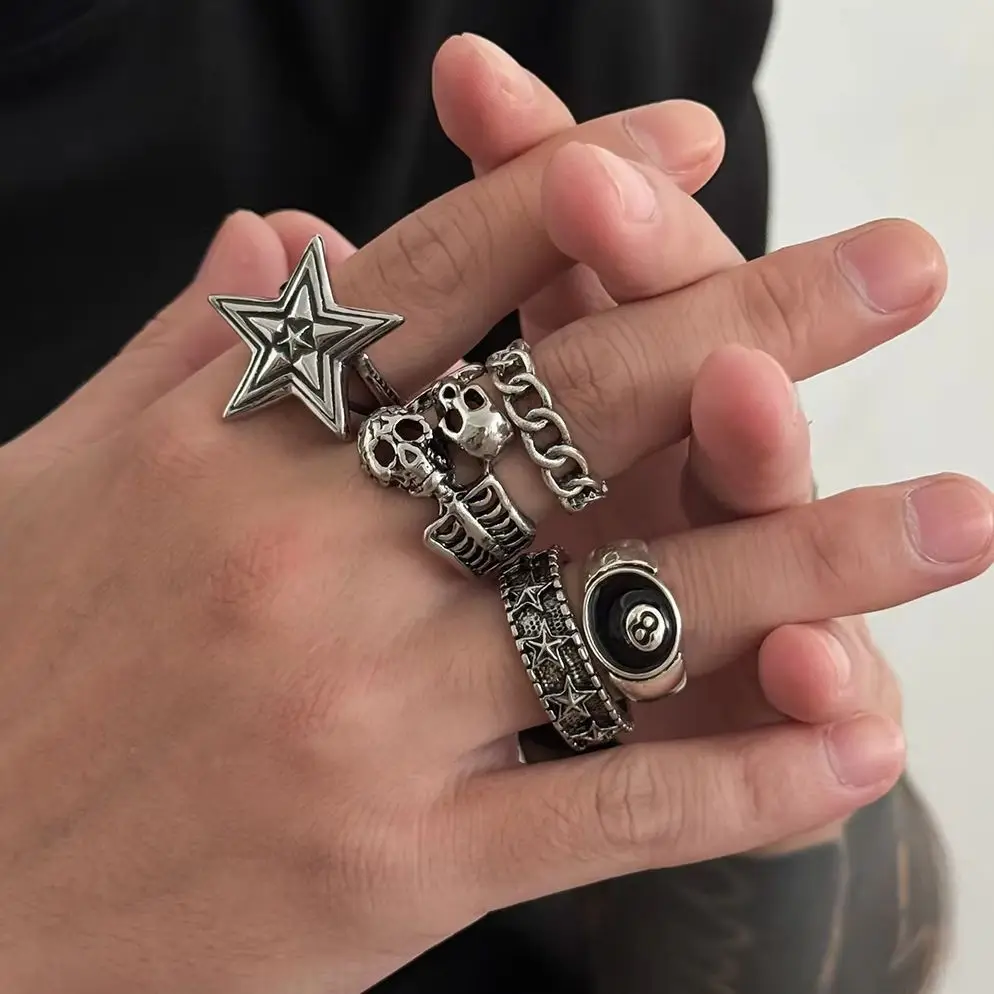 IngeSight.Z 5 Pcs/Set Punk Silver Color Skull Five Pointed Star Rings For Men Goth Geometry Hollow Metal Ring Halloween Jewelry