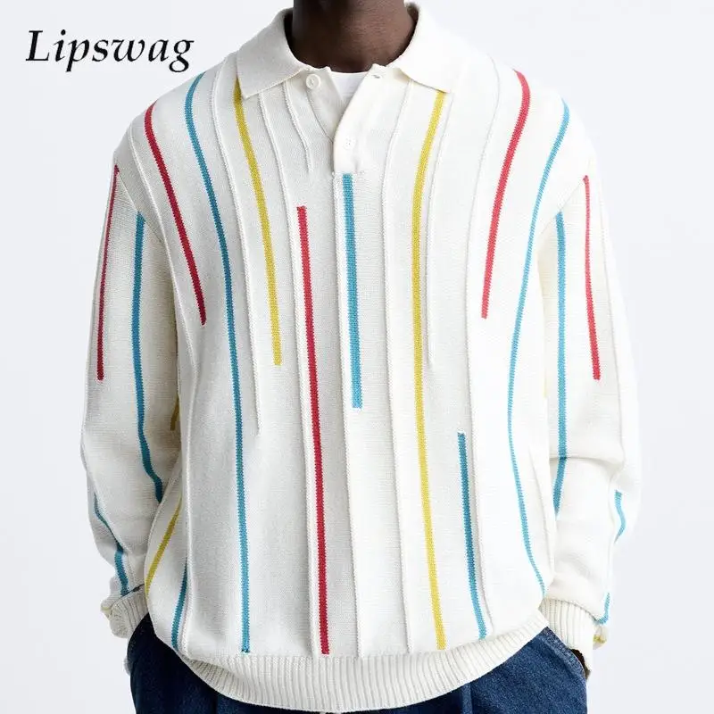 

Thin Knitted Polo Shirts Men Fashion Colorful Striped Jacquard Knit Jumper Tops 2024 Spring Long Sleeve Knitwear Men Streetwear