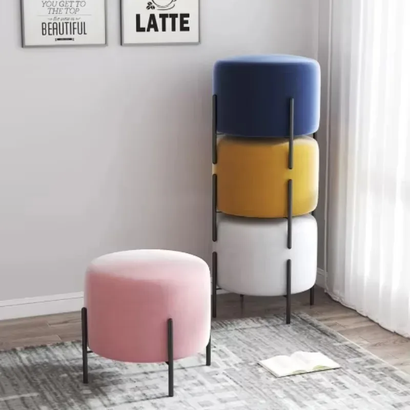 Luxury Upholstered Tufted Round Velvet Stool Footrest  with Metal Legs Living Room Shoe Changing Stool Space Saving Furniture
