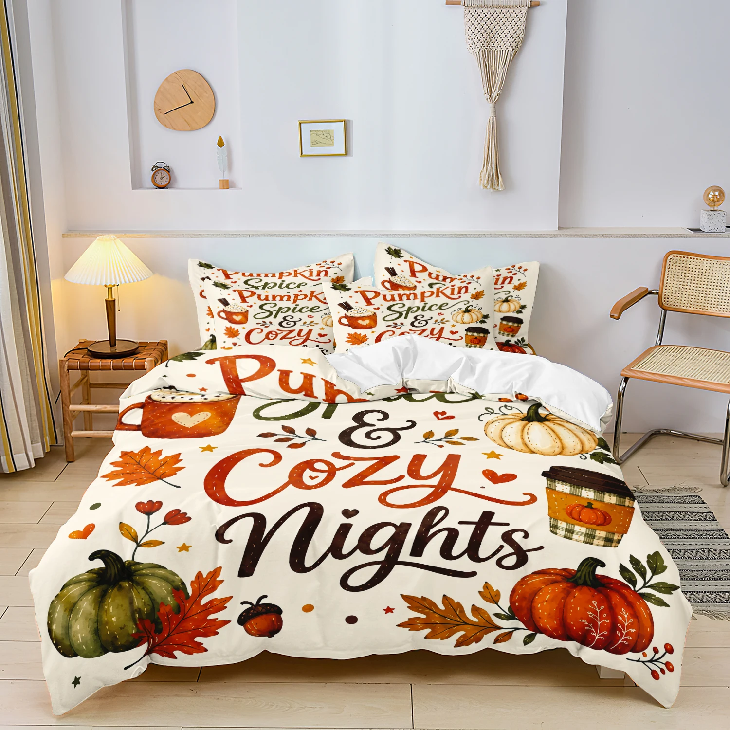 3Pcs Pumpkin Spice Nights Autumn Duvet Cover Set, Maple Leaf Acorn Coffee Cup Pattern, Farmhouse Thanksgiving Bedroom Decoration