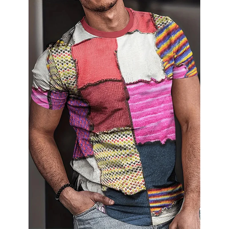 Retro T-shirt Men's Plaid Patchwork Print Graphic Harajuku Street Trend T Shirts 2025 Summer New Casual Sports Men Funny Tee