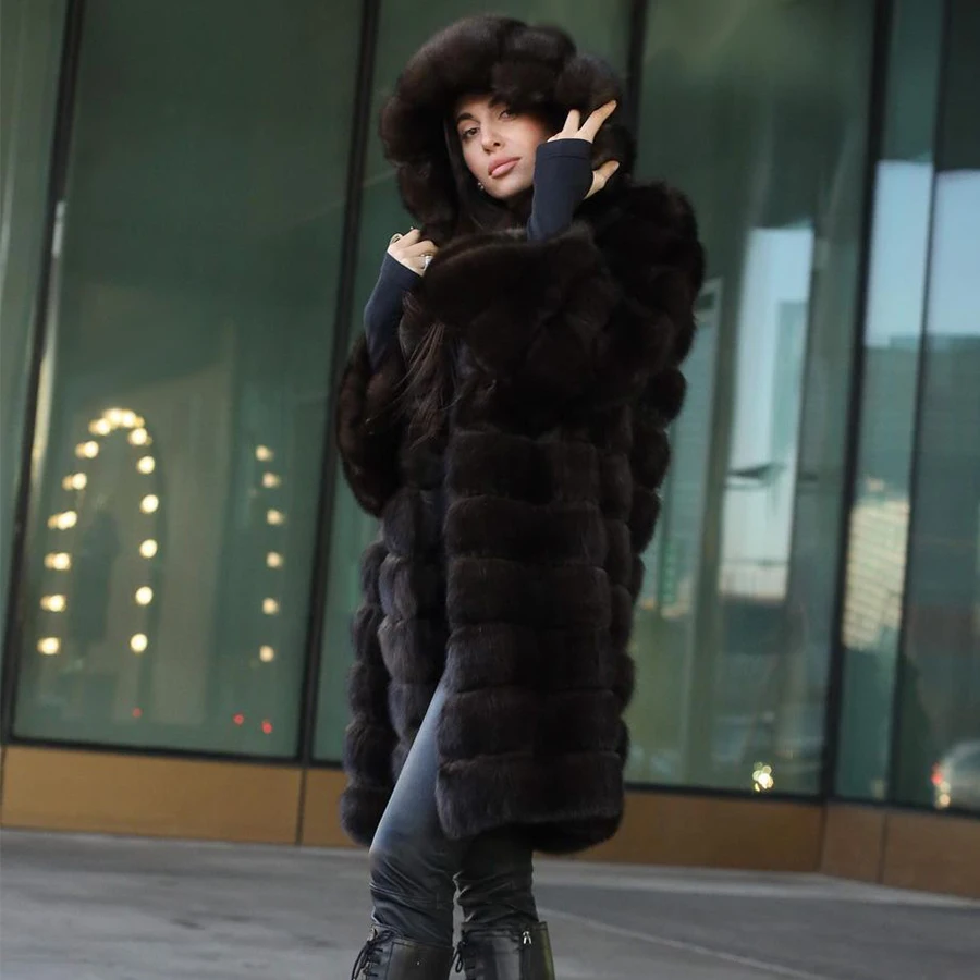 

Women's Fox Fur Hooded Jacket Fluffy Coat Warm Winter Long Real Fox Fur Coat Fashion New Outerwears