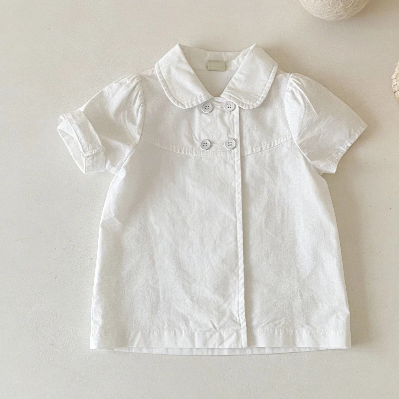 Cute Vintage French Korean Fashion Solid White Peter Pan Collar Puff Sleeve Double Breasted Blouse Tops Women Girls Casual Wear