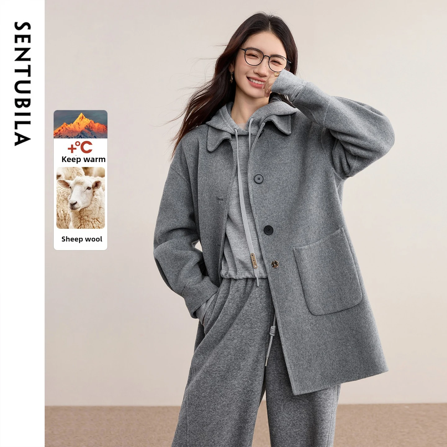 

SENTUBILA Women's Double Faced Wool Coat 2025 Winter British Style Lapel Warm Thick Overcoat Elegant Casual Outerwear W54OC2666