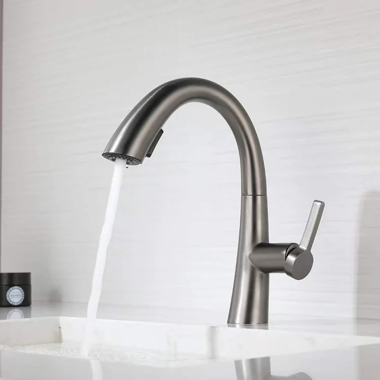 

Solid Brass Bath Faucet Pull-Out Spray Hose Matte Black/Gunmetal Gray Hot/Cold Mixer 360° Rotating High Arc