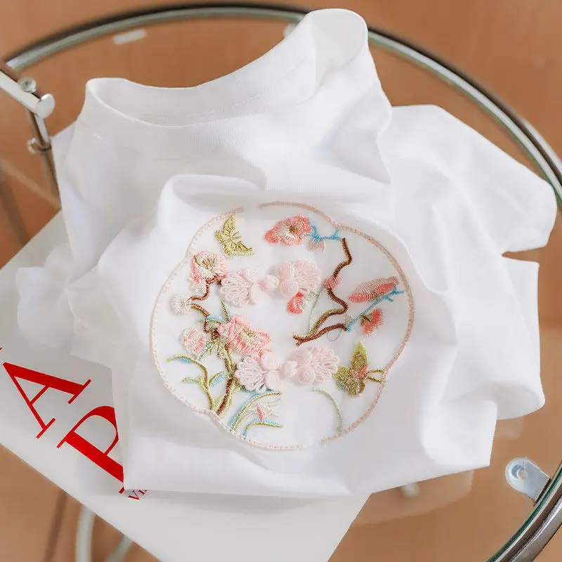 

Women's Short Sleeve T-Shirt 100% Cotton Embroidered Chinese Style Trending Instagram Embroidery Versatile Everyday Wear