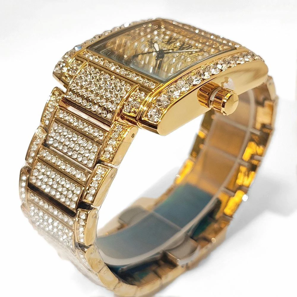 Luxury Mens Watch Fashion Silver Stainless Steel Quartz Watches Hip Hop Full Diamonds Rectangle AAA Wrist Watch Man Dropshipping