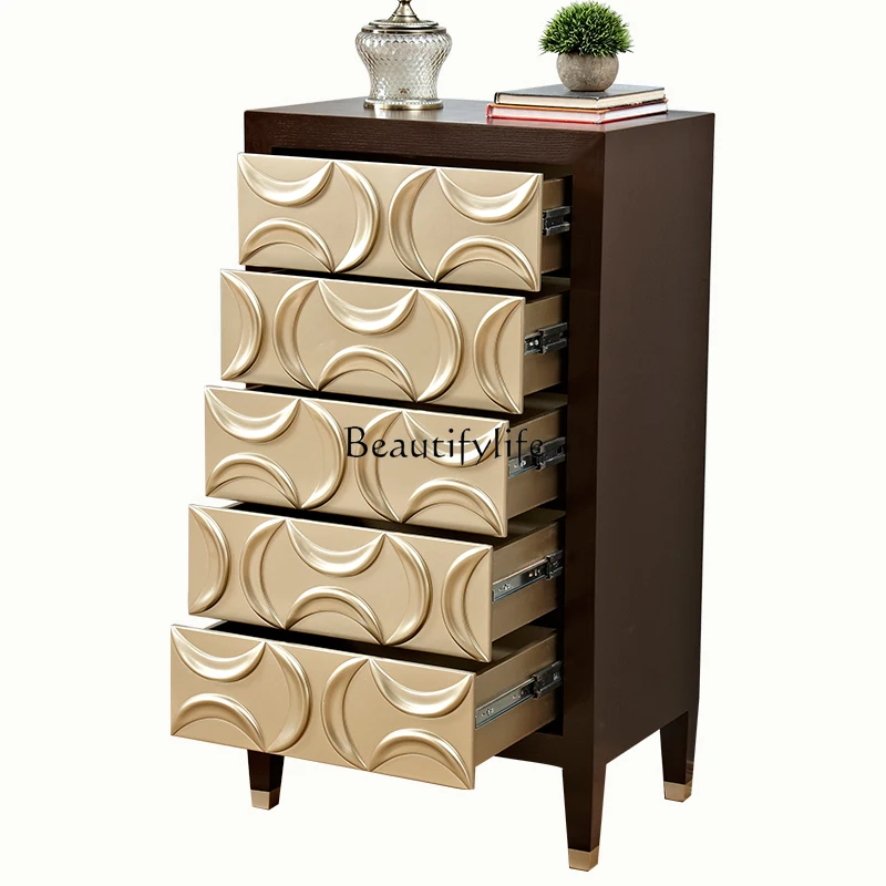

Neoclassical American living room chest cabinet solid wood three-dimensional carving bedroom European five-bucket cabinet