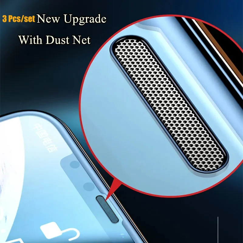 3 Pcs Film For iPhone 12 11 Pro X XS MAX XR Tempered Glass New Alloy Dust Net Glass For iPhone 14 13 Pro 15 Pro Screen Protector