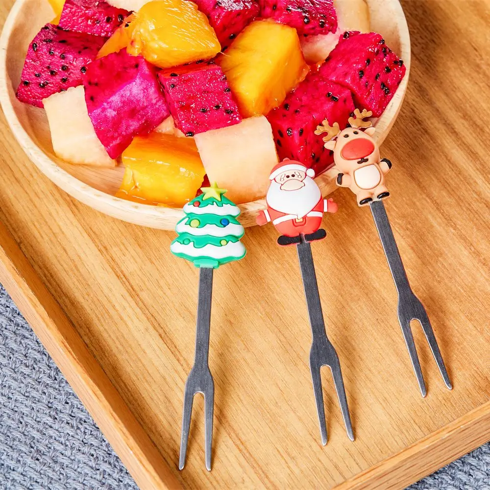 1 Set Christmas Tree Stainless Steel Dessert Fruit Forks With Holder Set Mini Cute Salad Food Cutlery Dinnerware Kitchen Gadgets