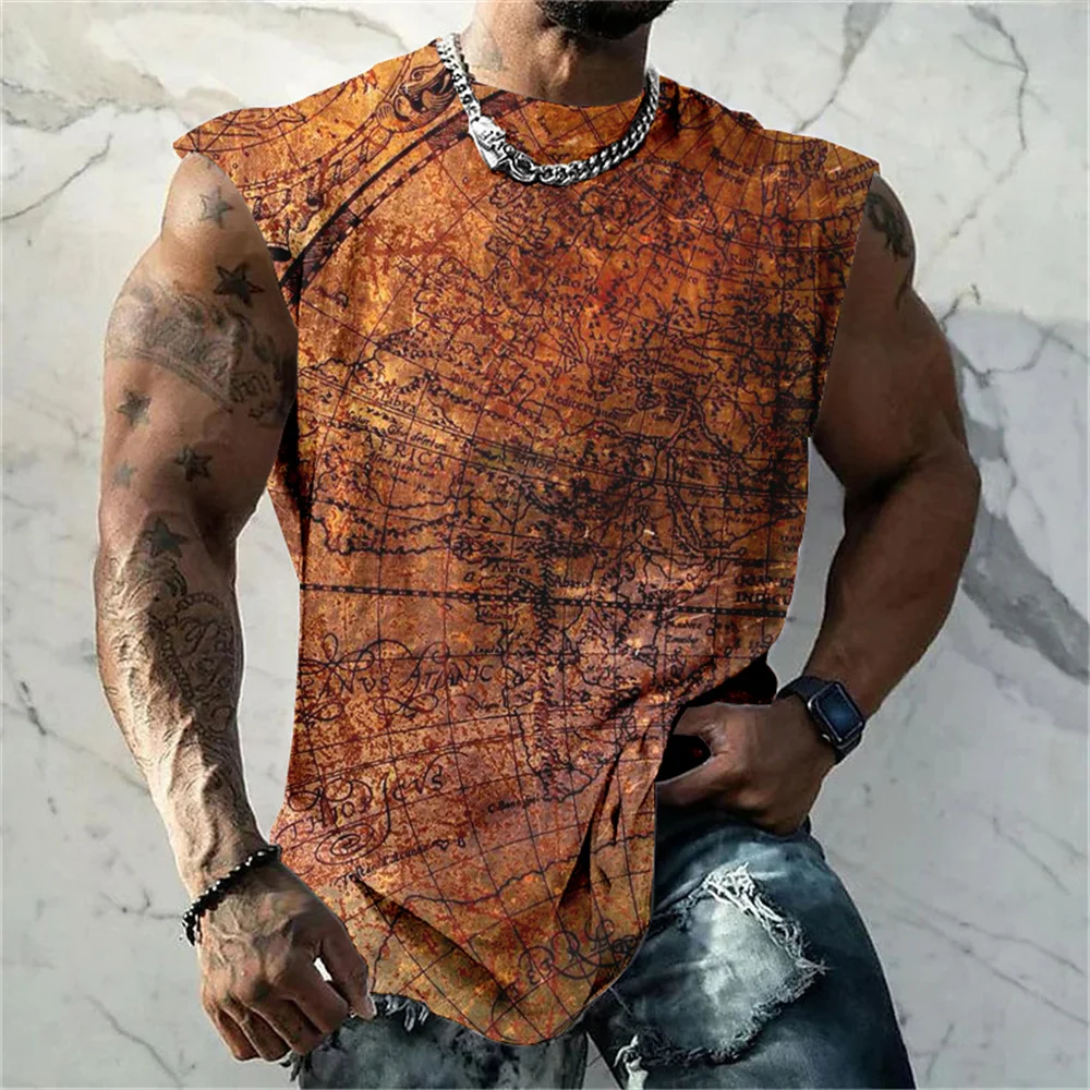 Sports Vest Gradient Color Turntable print Men's loose summer fashion Fitness Sleeveless shirt Men's crew neck vintage T-shirt