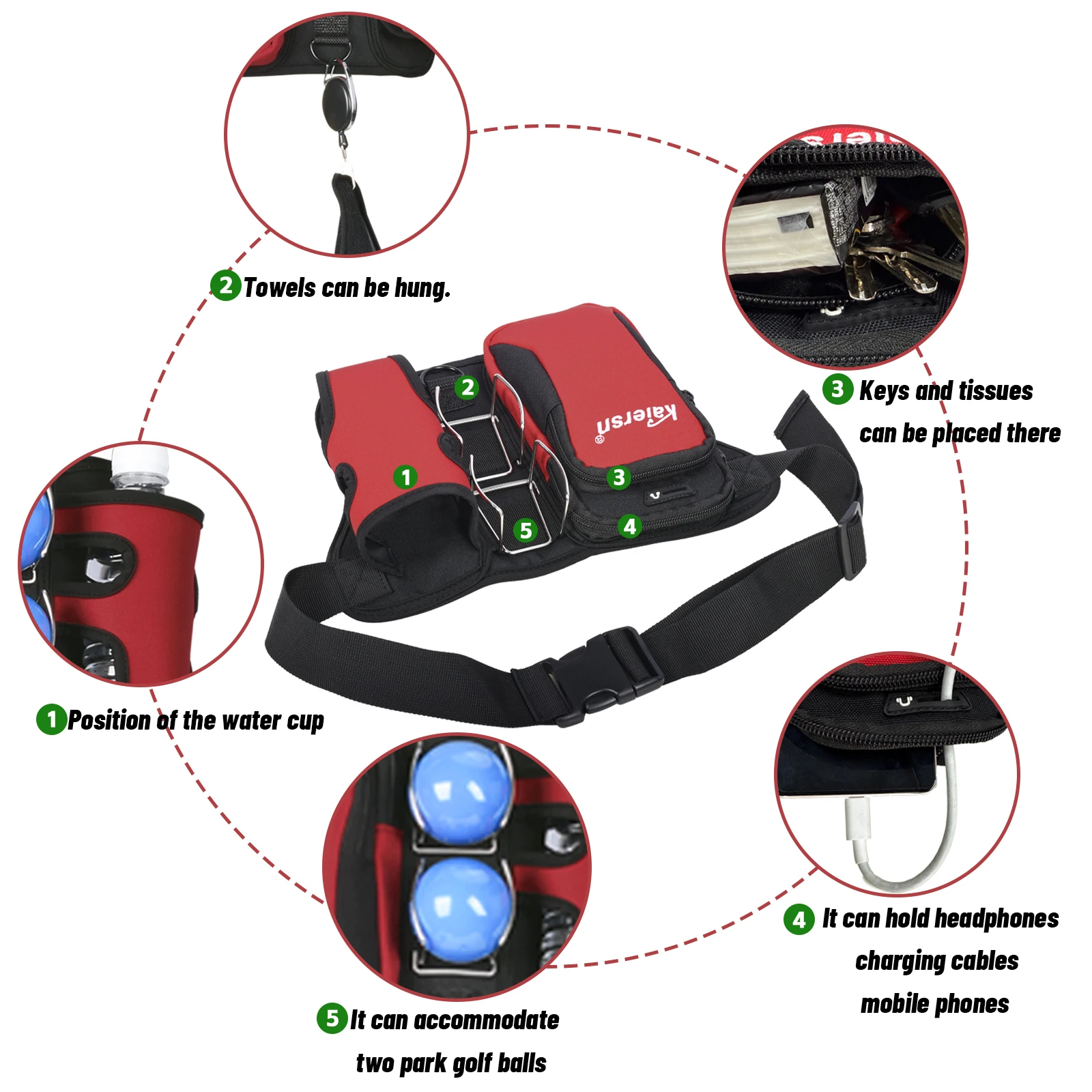 حقيبة خصر كاييرز بارك جولف، حقيبة خصر رياضية خفيفة الوزن مع مشبك كرة مزدوجة، كرة بارك تأتي مع مناشف تنظيف وزجاجة مياه #5