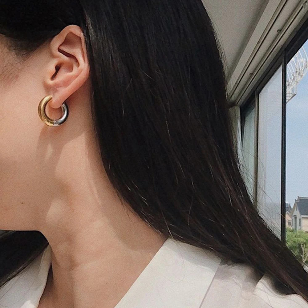 Gold Silver Color Stainless Steel Round Earrings For Women's Simple  Fashion  Hip-hop Rock Jewelry Accessories image 2