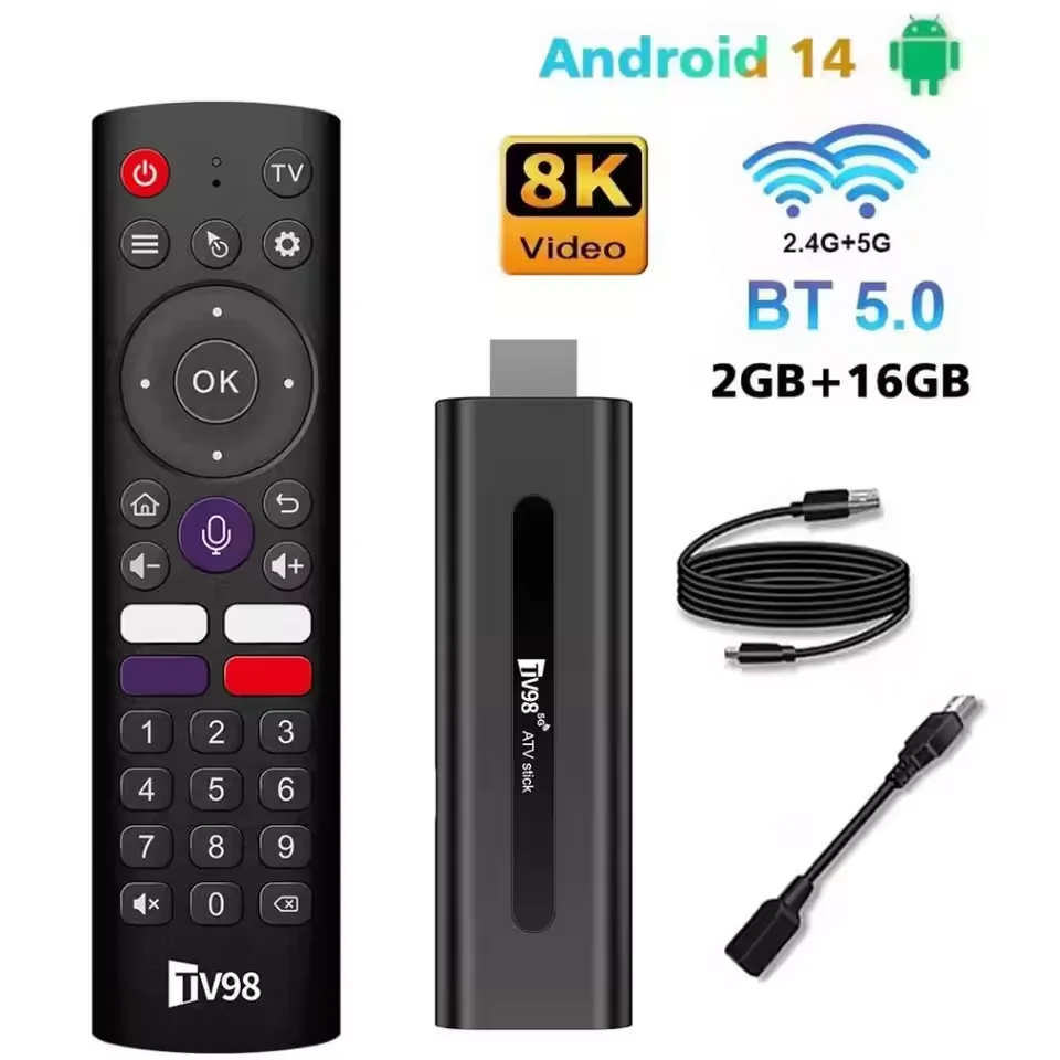 Android 14.0 TV Stick TV98 ATV Smart TV Box 8K Video BT5.0 2.4G 5G WiFi Mediaspeler Allwinner H313 2GB 16GB Voice Remote TV Box