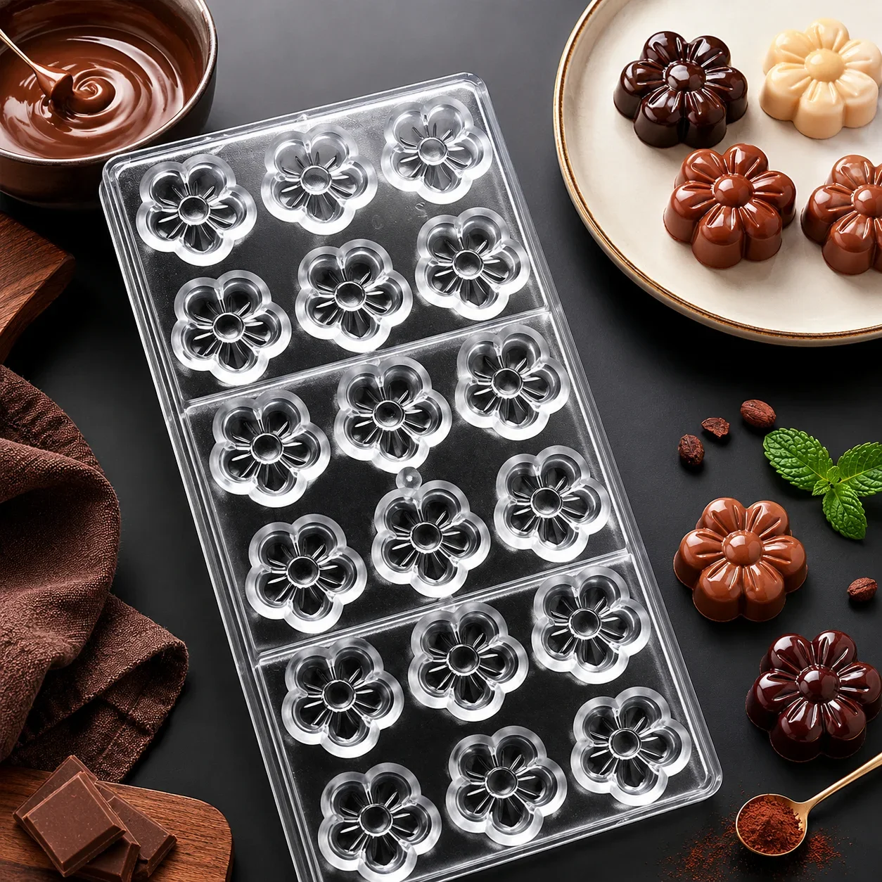 18-Cavity Polycarbonate Chocolate Mold Professional Cherry BlossomFlower Shape Mould for Confectionery Baking Pastry Tools