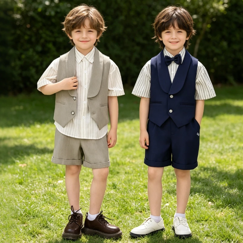Toddler Boys Summer Formal Suit Set Kids Gentleman Outfit for Wedding Ring Bearer Birthday Party Short Sleeve Shirt Vest Shorts