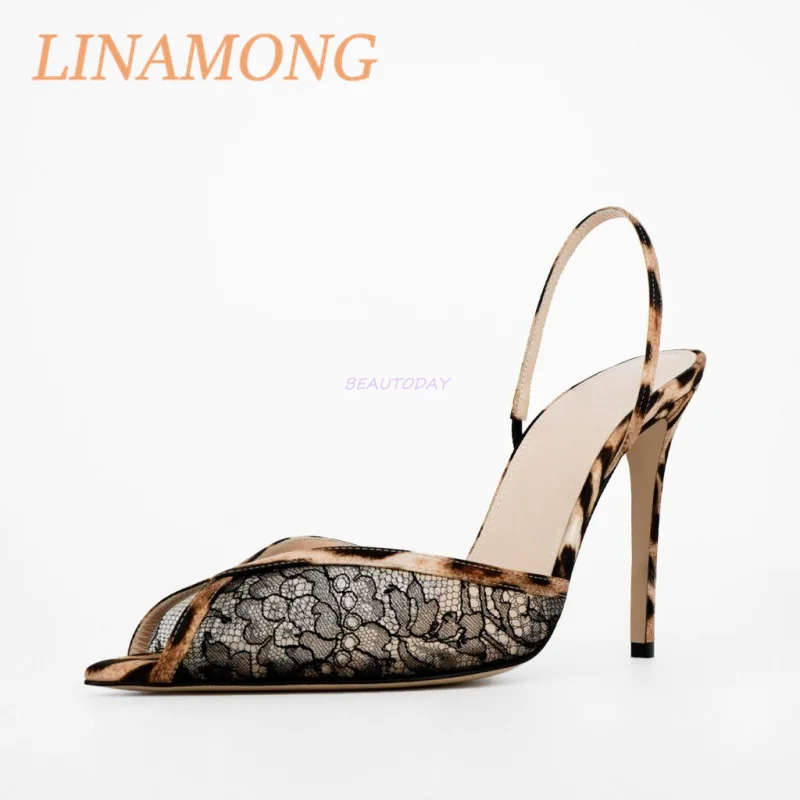 Lace Leopard Print Cool Mop Fashionable and Simple Black Pointed Toe One Foot Strap Temperament Slim High-Heeled Sandals