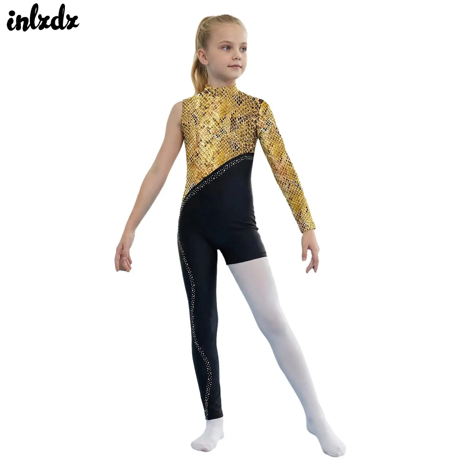 

Kids Girls Sparkly Rhinestone Gymnastics Figure Skating Jumpsuit Ballet Leotard Dancewear Decor Back Zipper Printed Bodysuit