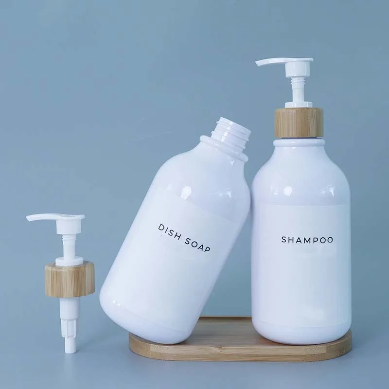 1pcs 300/500ml White Soap Dispenser Shampoo Bottle Bathroom Body Soap Bottle Lotion Bamboo Pump PET Empty Refillable Bottle