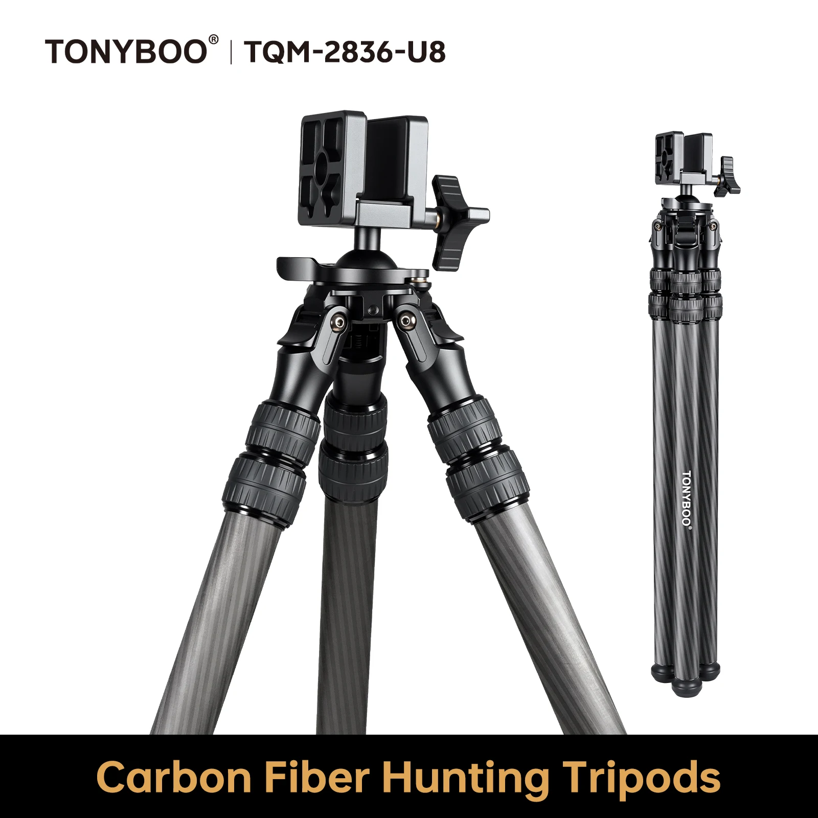 TONYBOO Carbon Fiber Tripod for Hunting With 360° Rifle Shooting Saddle Clamp CNC Outdoor Stable Shooting mount - TQ-2836-U8