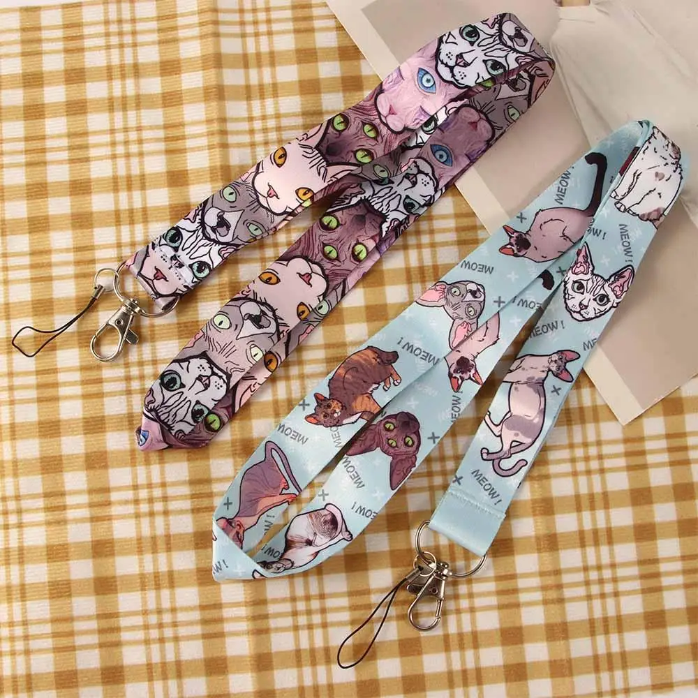 Badge Special Keychain Key Ring Holder Cat Pattern Sphynx Cat Webbings Ribbon ID Badge Holder Hang Rope Phone Lanyard Strap