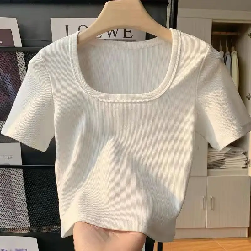 Women Square Neck Rib Crop T-shirt Short Sleeve Crop Top