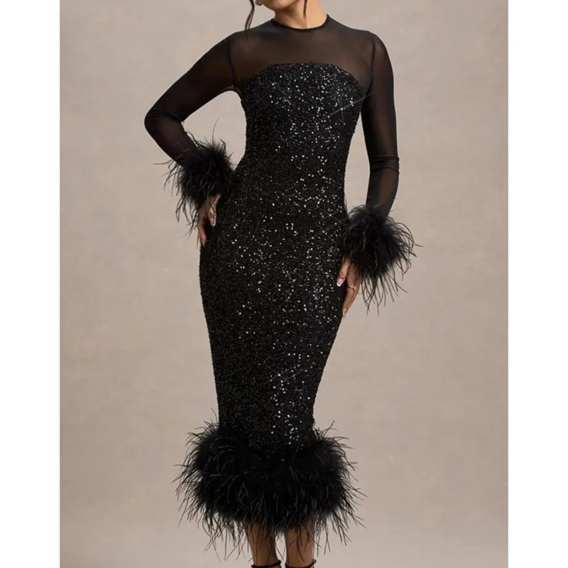 Abiti da ballo con paillettes Abito Abiti 2025 Donna Vestido Femininos Maniche lunghe Maglia Peluche Patchwork Banchetto Temperamento elegante