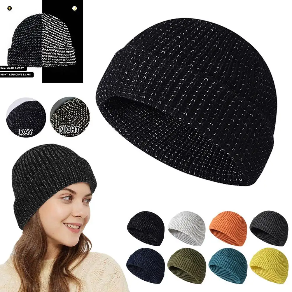 Glow in Dark Noctilucent Reflective Knit Hat Safety Beanie High Women Visibility Neon Men Knit Beanies Winter Caps R0C1