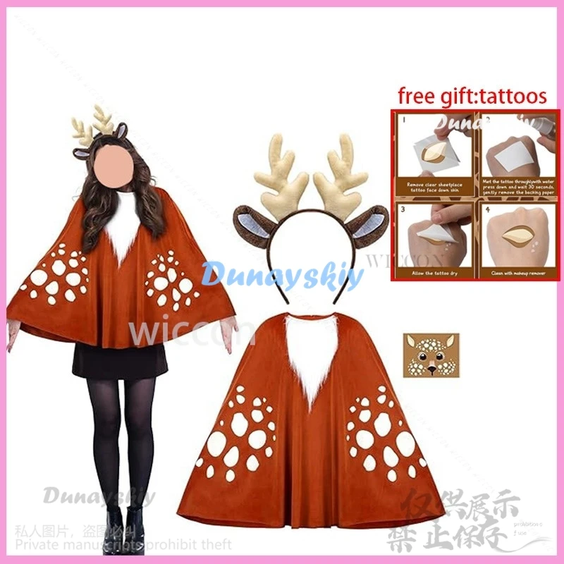 여성 엘크 사슴 코스프레 케이프 모피 새해 의류, 여성 망토 유니폼, 로리타 뿔 할로윈 파티, 2024 크리스마스 코스튬 신상